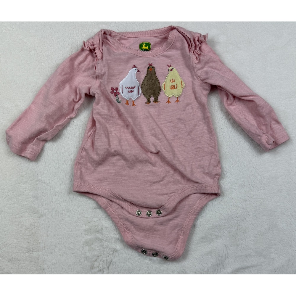 John Deere Baby Girls Pink Chicken Applique Long Sleeve Bodysuit 9-12 Months